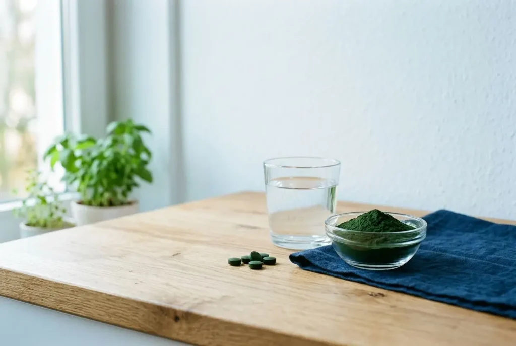Assunzione di clorella in polvere con bicchiere d’acqua e capsule, disposte su tavolo in cucina. come usare la clorella detox inusata.