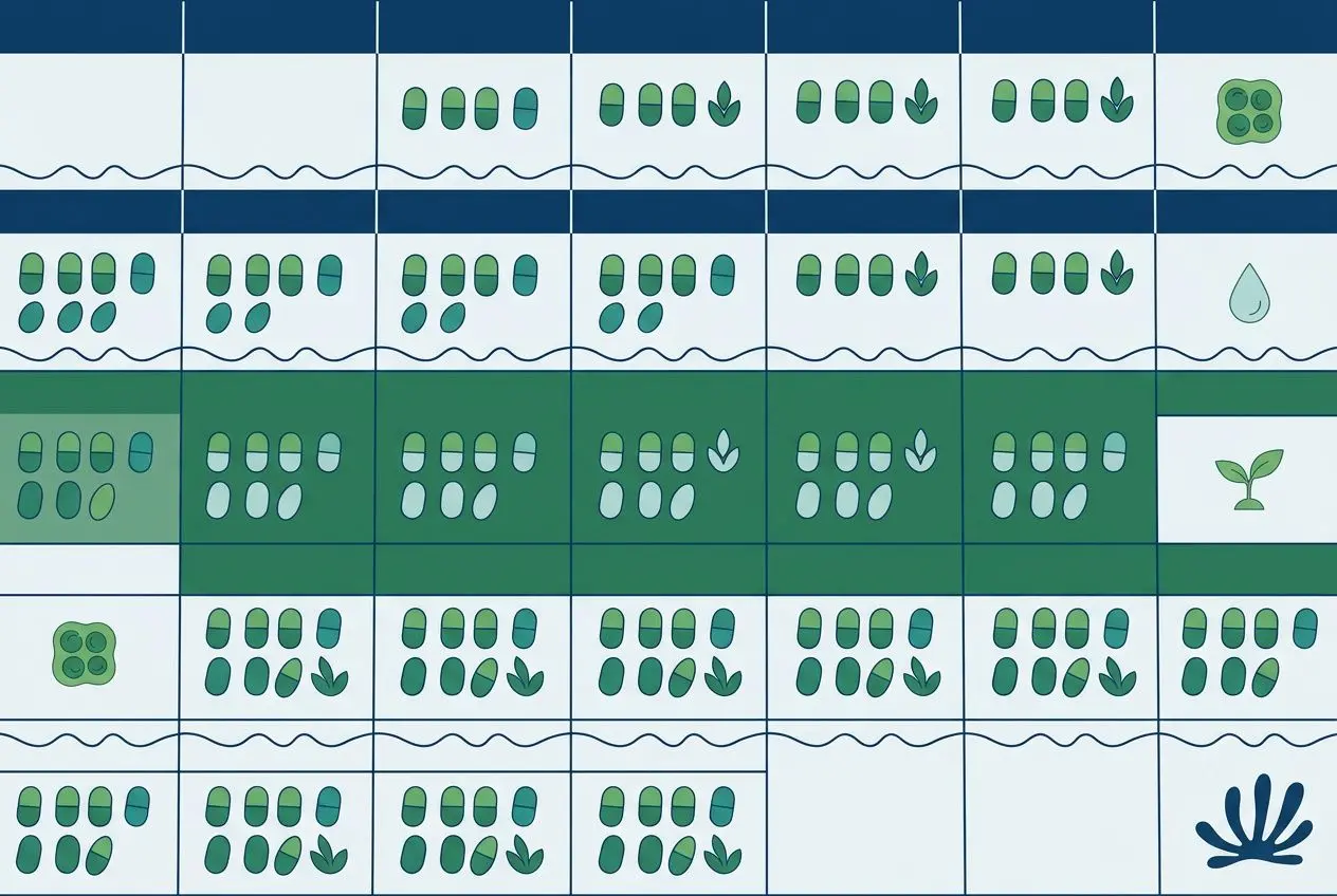 Sequenza di icone e fiorellini verdi che rappresentano passaggi e dosi per utilizzare la clorella detox, con grafica illustrativa su assunzione e formati.